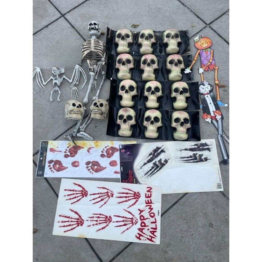 Lot of Halloween decorations skulls & hanging skeletons, Window decals stickers